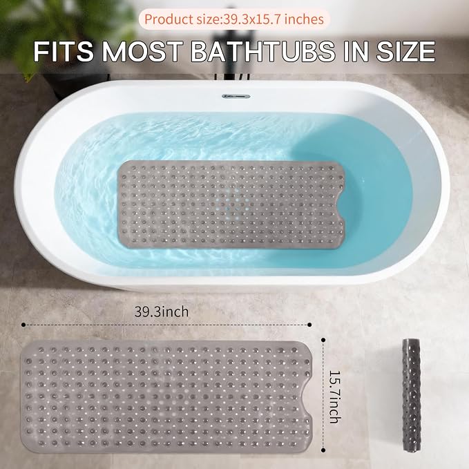 Anti-Slip Bathtub Shower mat, 40×16 inch（ 100 × 40cm） Soft Oversized Machine Washable Non-Slip Bathtub mat with Drainage Holes, Bathroom Floor Suction Cup.（1-Clear Gray）