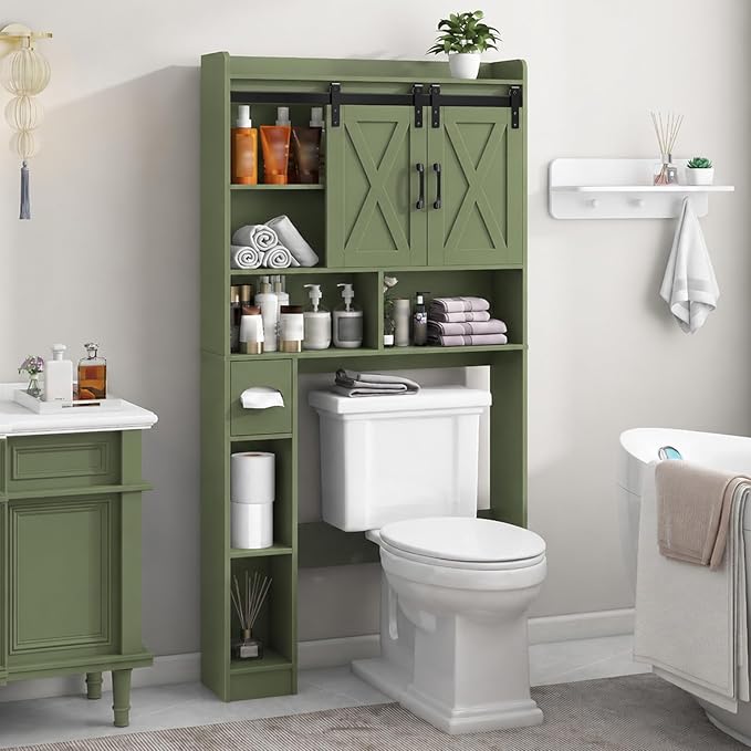 Vabches Over The Toilet Storage Cabinet, Farmhouse Storage Cabinet Over Toilet with Sliding Doors，Home Space-Saving Toilet Rack, for Bathroom, Restroom, Laundry, Green