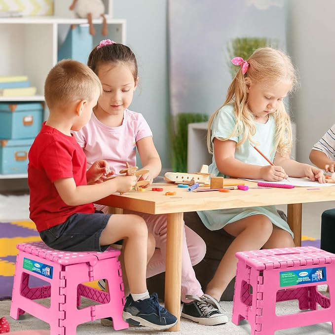 Dyforce Folding Step Stool 9 Inch, Kids Step Stool, Heavy Duty Step Stools for Adults, Compact Foot Stools, Light-Weight Toddler Step Stools for Kitchen, Bathroom, Holds Up to 300 lbs (Pink)