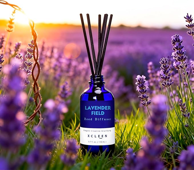 Xcleen Reed Diffuser Set, Lavender Field Oil Diffuser with Sticks, Long-Lasting Home Fragrance Reed Diffusers for Bathroom Shelf Office Decor, Luxury Air Fresheners 3.7 oz(110ml)