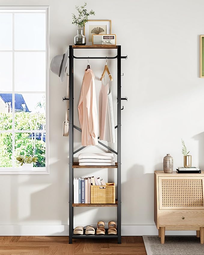 CHOEZON Coat Rack with Shelves, Freestanding Hall Tree, Coat Tree with 16 Hooks and Hanging Rail, Industrial Clothes Stand for Entryway, Hallway, Bedroom, Rustic Brown and Black TYM18BF