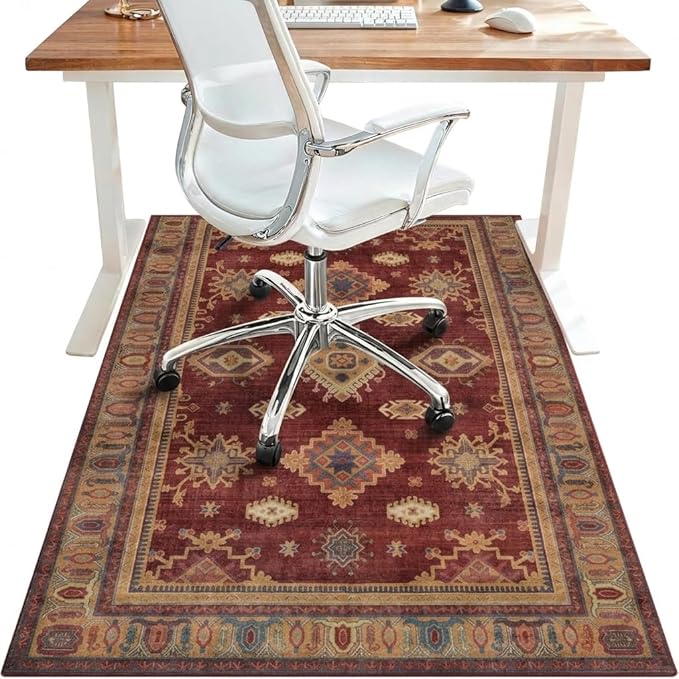 48"x72" Office Chair Mat for Hardwood Tile Floor, Under Desk Carpet Protector for Rolling Computer Chair Mat, Machine Washable Area Rug, Anti-Slip 1/5" Thick Low Pile Thin Vinyl Floor Mat, Crimson