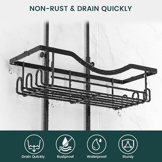 Shower Caddy Hanging Adjustable Shower Caddy, Rustproof Shower Organizer Extended Length Shower Caddies Over Shower Head with Hooks Soap Holder, Large Capacity Anti-Swing Bathroom Storage, Black