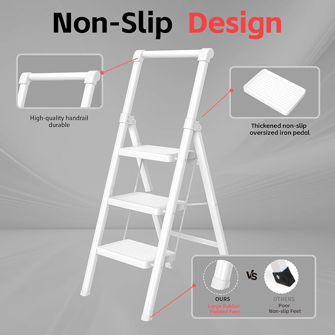 Foldable Step Ladder Stool for Home,3 Step Stool with Wide Anti-Slip Pedal, Heavy Duty 600Lbs Ladder for Indoor Kitchen Closet Stair Use, White