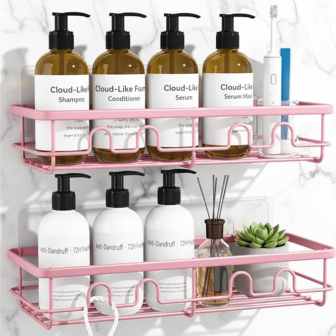 Adhesive Shower Caddy, Large Capacity Shower Racks for Inside Shower, No Drill Bathroom Shower Organizer and Storage, 2 Pack Pink Bathroom Shelves, Home Decor Rv Accessories, Apartment