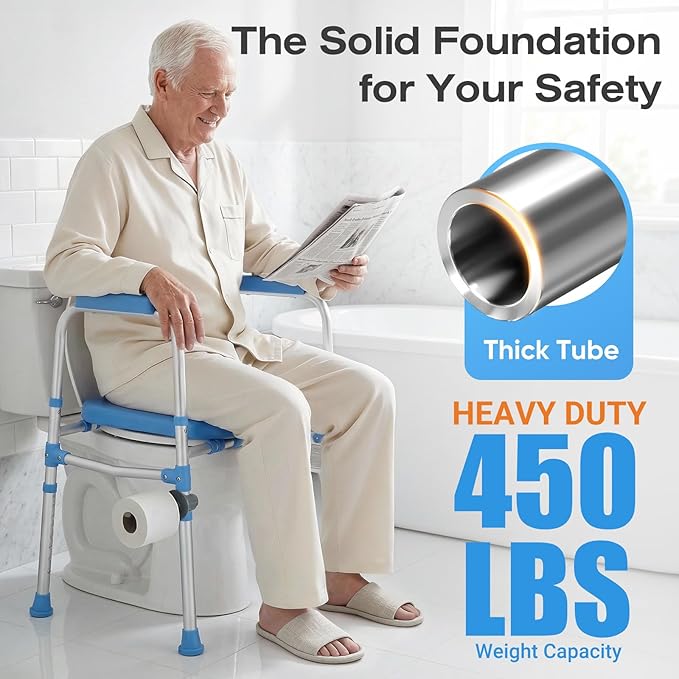 Padded Toilet Seat Riser for Seniors FSA/HSA Eligible, Adjustable Safety Frame Raised Toilet Seat with Handles, Heavy Duty Bariatric Recovery Elderly Assistance Products, Fits Round & Elongated