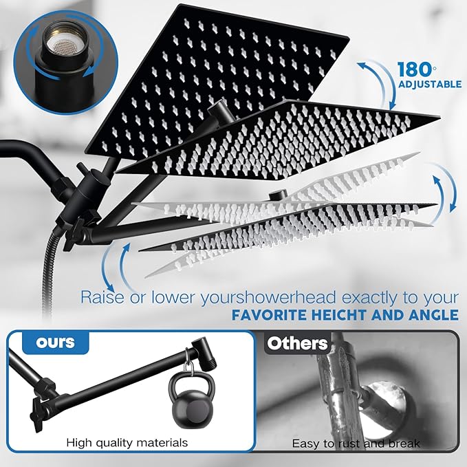 Shower Head,12”Rain Shower Head with Handheld Spray Combo and Adjustable Extension Arm/Shower System,High Pressure Rain Fall Hose,Chrome