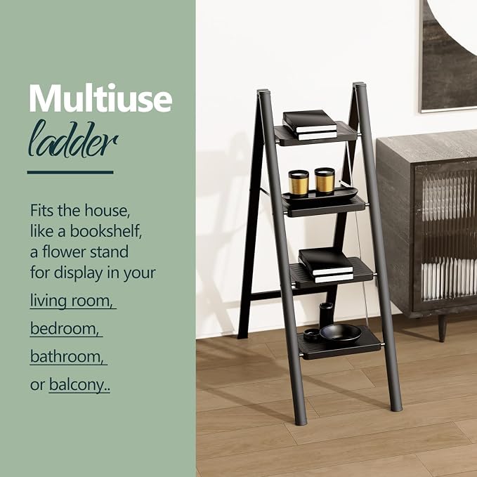 WOA WOA Step Ladder for Home, Foldable Step Stool for Kitchen with Non-Slip Pedals, Sturdy Ladders Supports up to 330 lbs, Compact and Portable - 4 Step/Black