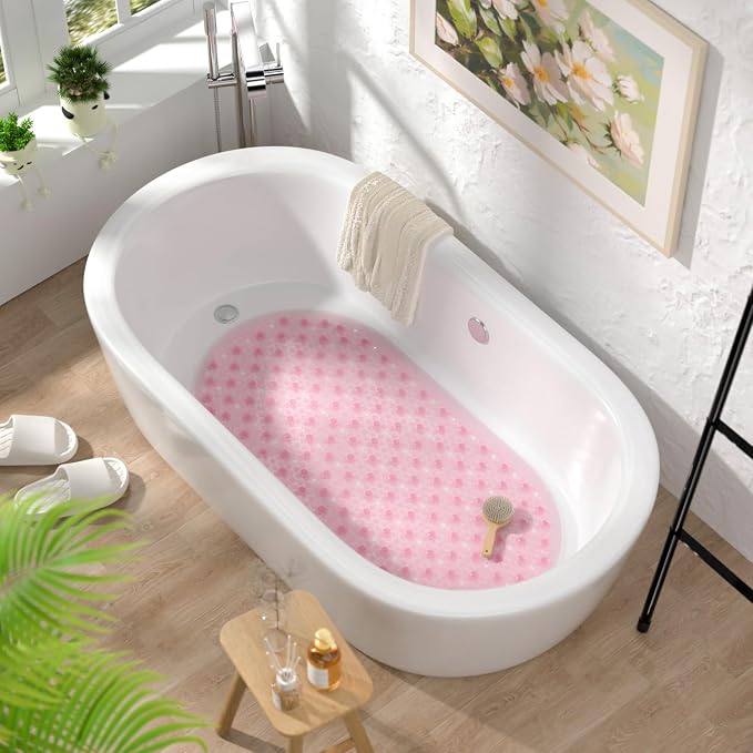 HITSLAM Oval Bath Mat for Tub, 27x15 Inch Bubble Bathtub Mat Non Slip, Machine Washable Bathroom Shower Mat with Drain Holes and Suction Cups, Bathroom Accessories Pink