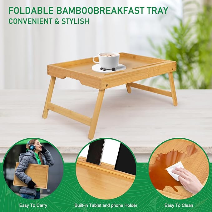 Artmeer Bed Tray Table with Folding Legs, Bamboo Breakfast Food Tray with Media Slot, Use As Platter, Laptop Desk, Snack, TV Tray Kitchen Serving Tray (Bamboo Extra-Large Size)