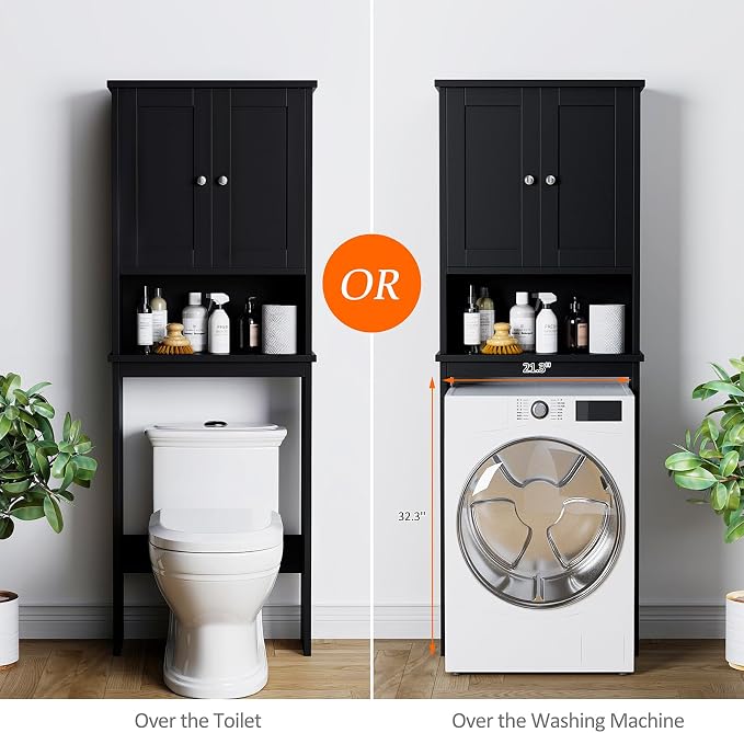 Over the Toilet Storage Cabinet for Bathroom, Black Bathroom Over Toilet Cabinet Freestanding Storage Organizer, Space Saver with Doors and Adjustable Shelf, Black