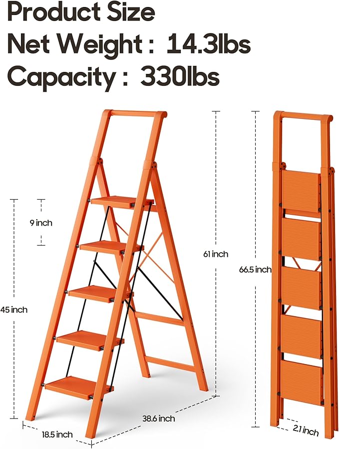HillhutApex 5 Step Foldable Aluminum Step Ladder with Handgrip, Anti-Slip Pedal, 330 lbs Capacity, Lightweight & Portable for Home, Kitchen, Office, Garage (Orange)