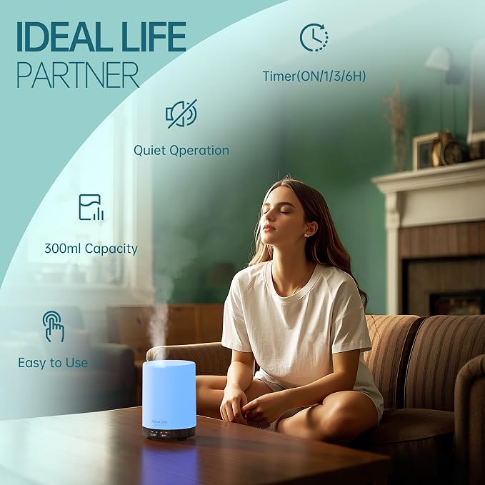ASAKUKI Essential Oil Diffuser for Home, 300 ml Humidifier with Automatic Shut-Off, Quiet Aromatherapy Diffuser with 7 LED Lights for Living Room, Kitchen, Bedroom, Hotel - Black