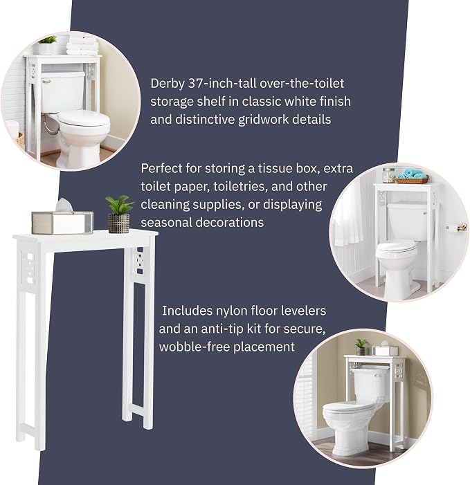 Derby Over-the-Toilet Storage Shelf – 37" Tall Bathroom Space Saver with Fixed Shelf & Open Gridwork Design – Modern Freestanding Organizer for Toiletries & Towels by Alaterre Furniture (White)
