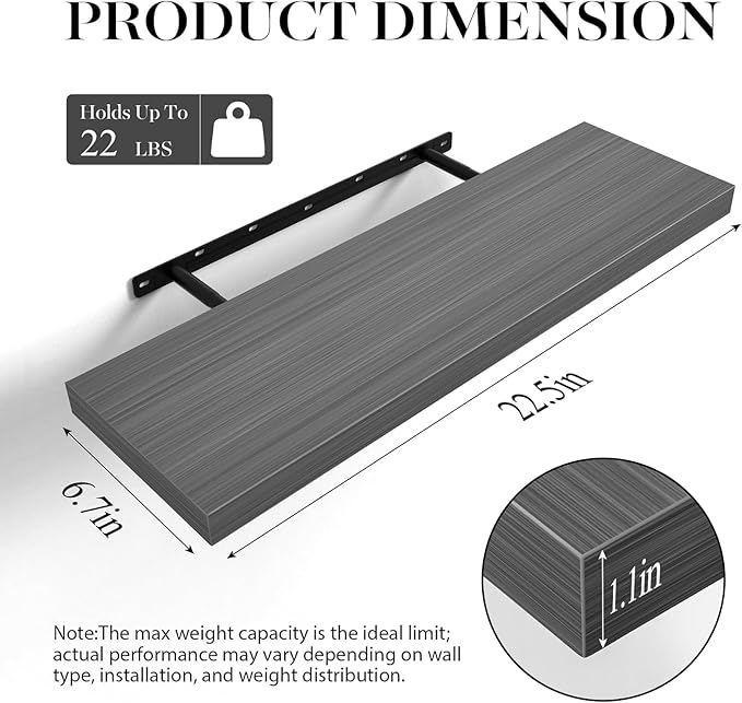 BAYKA Floating Shelves for Wall Grey, Set of 3, Wall Mounted Rustic Wood Shelves for Bathroom, Bedroom, Living Room, Kitchen, Hanging Shelf for Books/Storage/Decor with 22lbs Capacity, Black, 22.5in
