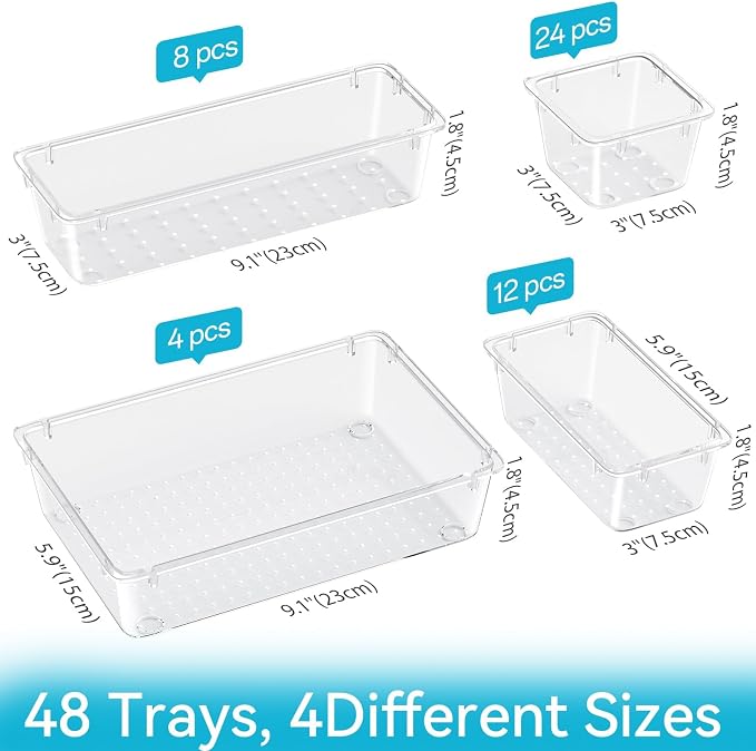 ElegantArray 48 PCS Drawer Organizer Set, 4 Sizes Tool Storage Trays, Clear Plastic Makeup Vanity Organizer and Storage Bins for Makeup, Stationeries, Multiple Gadgets for Bathroom, Office, Bedroom
