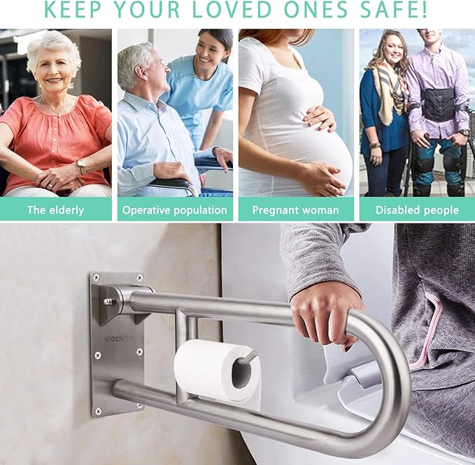 23.6 INCH Stainless Toilet Safety Rails, WochiTV Handicap Grab Bars for Elderly, Disabled Flip-Up Bathroom Grab Bar with Paper Holder,Toilet Handrails Hand Grips Handle Shower Assist Aid