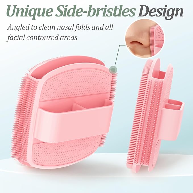 Silicone Back/Body/Face Scrubber & Lymphatic Contour Face Brush Set 4PCS, 13.4'' Soft Back Scrubber, 360° Anti-Slip Bath Glove, Unique Side-bristled Face Scrubber for All-Round Cleaning(Pink)