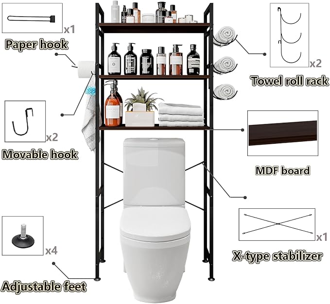 Over The Toilet Storage Rack 3 Tier Bathroom Organizer Shelf Over Toilet Freestanding Space Saver Toilet Stands with 10 Hooks Multifunctional (BlackOak)