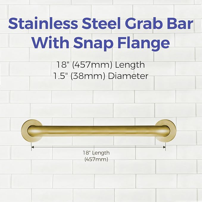 Stardrix 18-Inch ADA Compliant Grab Bar, 1.5" Diameter, Concealed Mounting Flanges, Handicap Friendly, Commercial & Residential Bathrooms, Brushed Gold Stainless Steel