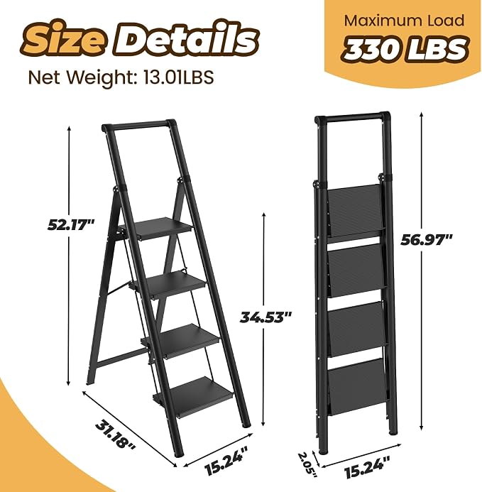 HBTower 4 Step Ladder with Handrail, Aluminum Folding Step Stool,330lbs Capacity Portable Step Ladder，Non-Slip Safety Ladder for Household,Kitchen,Office - Black