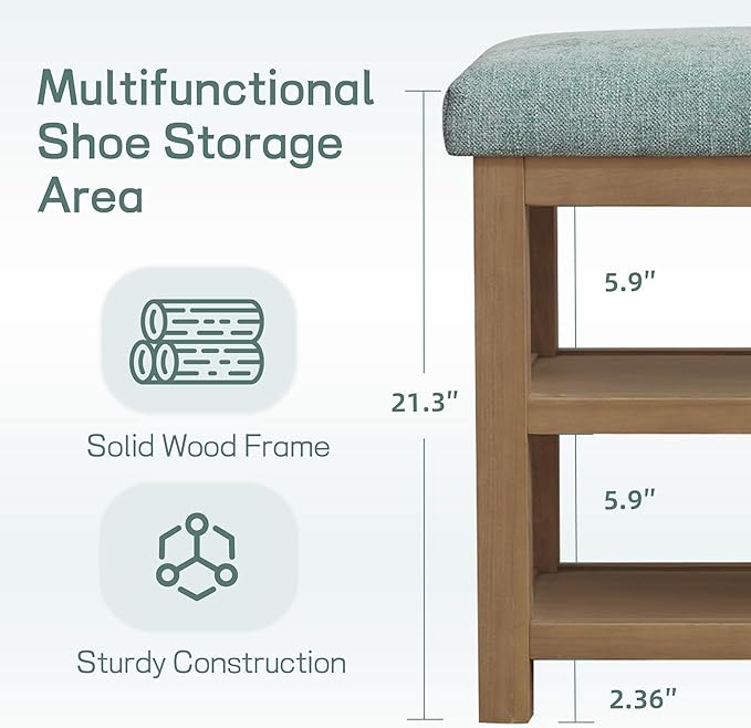 Zihanhome 2 Tier Shoe Rack Bench with Cushion, Solid Wood Shoe Benches, Mid-Century Modern Shoe Storage Bench for Entryway, Hallway, Living Room, Closet, Front Door Entrance, (Teal, 31.5")
