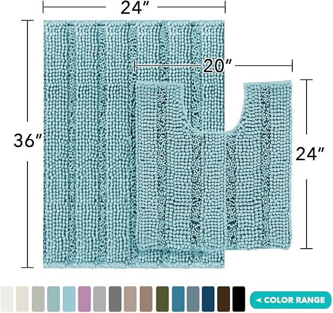 Turquoize Chenille Bathroom Rugs Set Non-Slip Bath Mats for Bathroom Super Absorbent Shaggy Rugs for Tub Shower Toilet Plush Bath Rug Plus U Contour Rug (Oversized: 24" x 36" and 20" x 24" U), Aqua