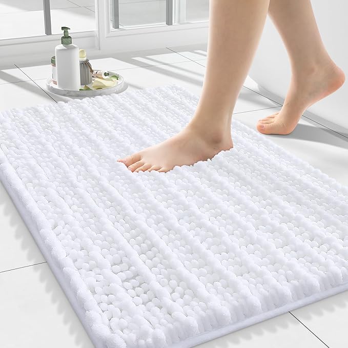 Smiry Bathroom Rugs Mat 24x16, Extra Soft Absorbent Chenille Bath Rugs, Non Slip Rubber Backing Machine Washable Quick Dry Bath Mats for Bathroom Floor, Tub, Shower, Home Decor Accessories, White