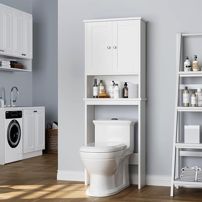 Over the Toilet Storage Cabinet, Bathroom Storage Organizer Over Toilet, Space Saver W/Adjustable Shelf & Open Shelf, White