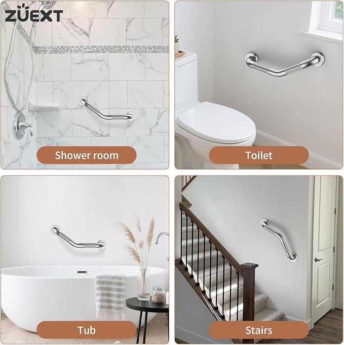 16 Inch Angled Grab Bar 2 Pack, ZUEXT Anti Slip Shower Grab Bar, Brushed Nickel Stainless Steel Knurled Bathroom Balance Bar, Safety Handrail Support,Handicap Elderly Injury Senior Assist Bath Handle