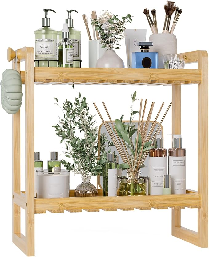 AmazerBath Bamboo Over The Toilet Storage Shelf - 2-Tier Bathroom Organizers and Storage Shelves, 2 in 1 Dual Stable Above Over Toilet Bamboo Shelf Home Storages Rack for Small Bathroom, Space Saver