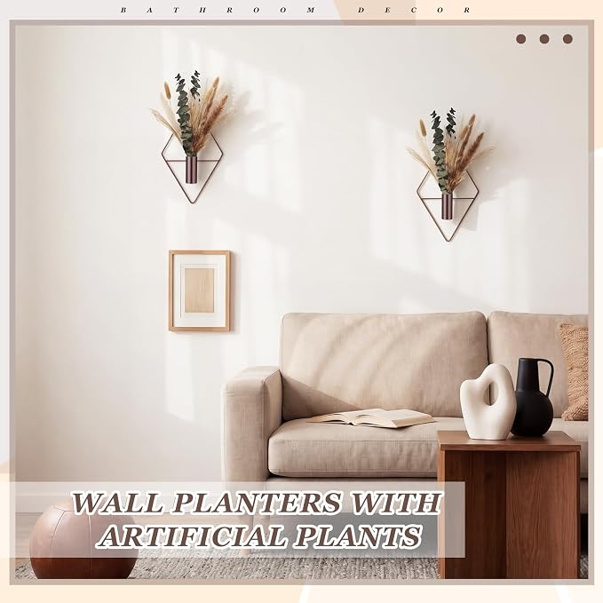 Jexine 4 Pcs Hanging Planters with Artificial Pampas Metal Hanging Vase Indoor Plants Holder Modern Geometric Boho Bathroom Wall Decor for Living Room Home Office, Bronze