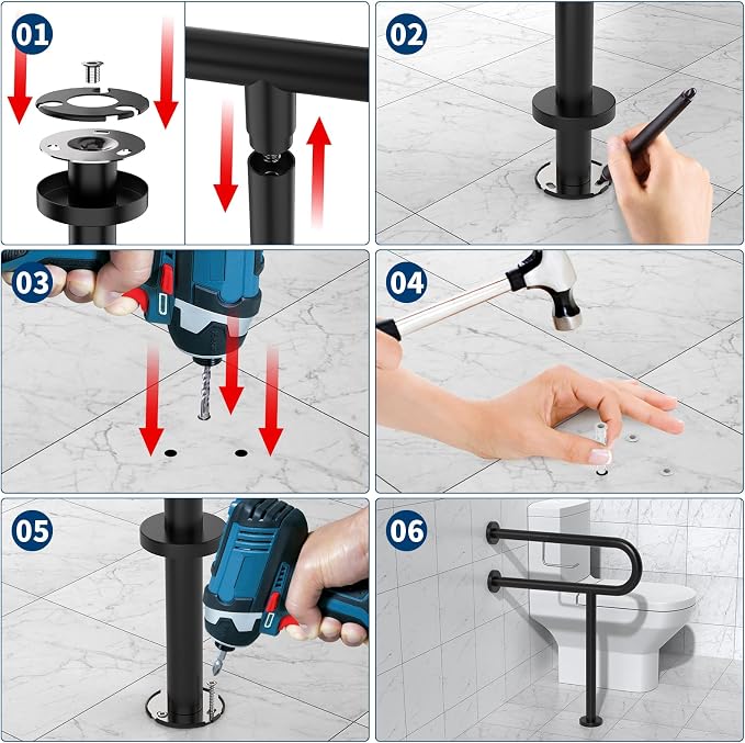Toilet Support Rail w/Toilet Paper Holder 24x28 Inch, ZUEXT Wall to Floor Matte Black Anti-Slip Handicap Grab Bar for Bathroom, Stainless Steel Safety handrails with Leg for Elderly Disabled Pregnant