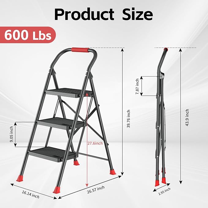 Step Ladder Foldable Folding Stool - for Home Adults Kitchen 3 Stepping Extension Tall Heavy Duty with Handrails - Closet Stepstool Stair Ladders Extendable Stepladder for Indoor House 600Lbs