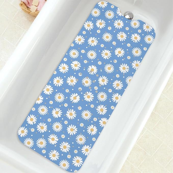 Bathtub Mat Non Slip, Daisy Extra Long Bath tub Mat Shower Floor Mat with Suction Cups and Drain Holes for Adults Kids Elderly 40 X 16 Inch