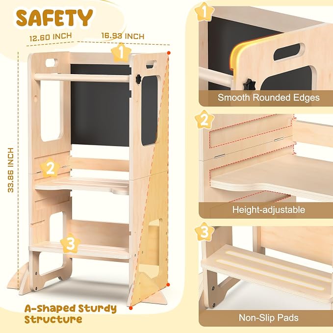 Toddler Kitchen Step Stool, Adjustable Height Learning Standing Tower with Blackboard, Wooden Kitchen Stool Helper for Kids, 1-3 Year Old Boy Girl Gifts