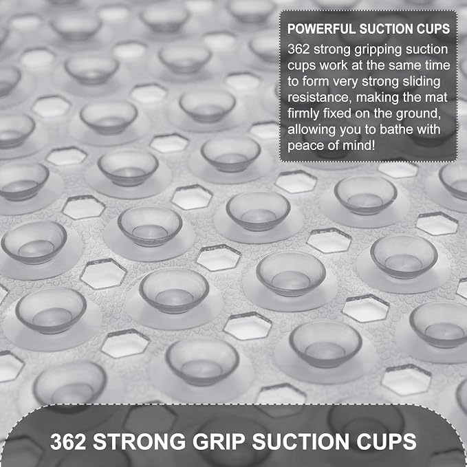 TEESHLY Upgrade Bath Tub and Shower Mats, Non Slip 40 x 16 Inch Extra Large Bathtub Mat, Machine Washable Bathmat with Drain Holes, Suction Cups for Bathroom Floor, Clear Gray