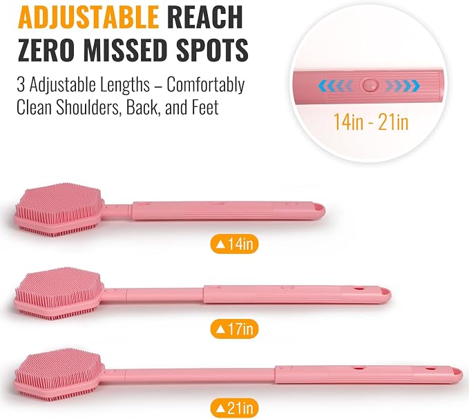 AIMAIAIMAI Silicone Back Scrubber for Shower – 21in Extendable Shower Brush with Long Handle – Dual-Sided Back Brush with Non-Slip Grip, Gentle Cleansing & Exfoliation for Men, Women, Elderly (Pink)