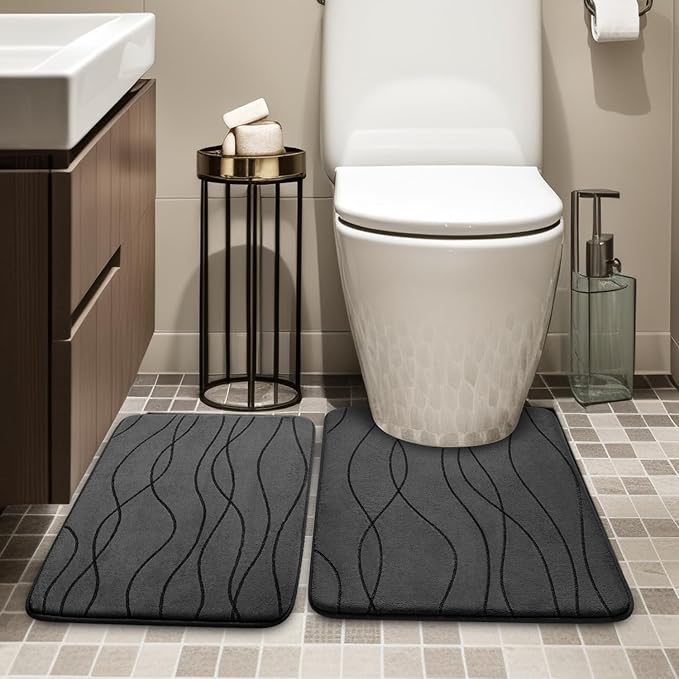 YIHOUSE Memory Foam Bathroom Rug Sets, Dark Grey, 2 Piece-U Shape Small Mat | Ultra Soft, Absorbent, Non-Slip, Machine Washable