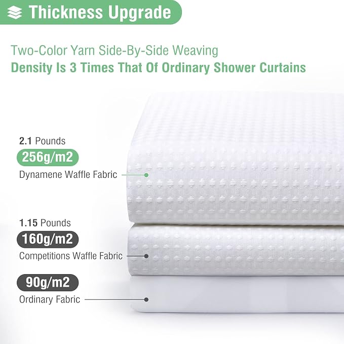 Dynamene Extra Long Fabric Shower Curtain - Waffle Weave 84 Inches Long Heavy Duty Cloth Shower Curtains for Bathroom, 256GSM Tall Hotel Luxury Bath Curtain Set with 12 Plastic Hooks(72Wx84H, White