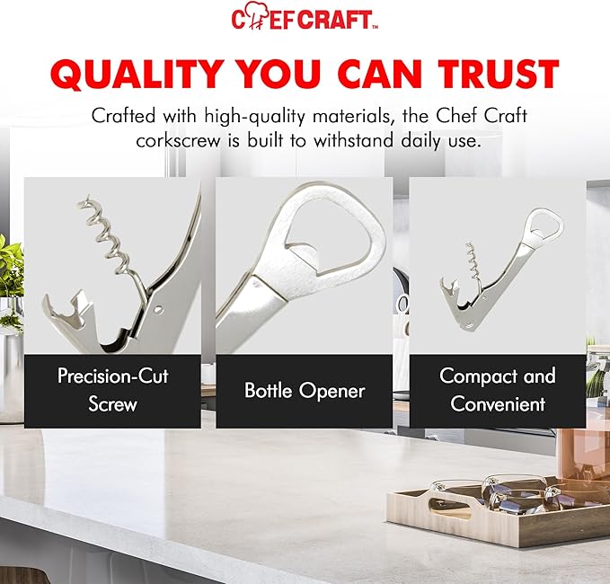 Chef Craft Select Bottle Opener and Corkscrew, 5.5 inches in length, Nickle Plated (Pack of 2)