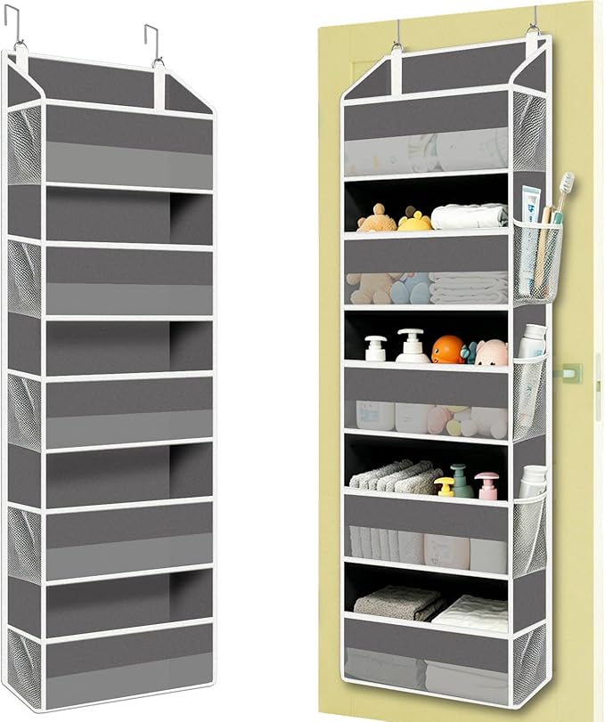 Over The Door Storage Organizer – 15 Pockets (5 Large + 10 Mesh Side Pockets), Heavy Duty 44lbs Capacity Closet Storage for Bedroom & Dorm, Behind The Door Hanging Rack for Shoes, Toys.