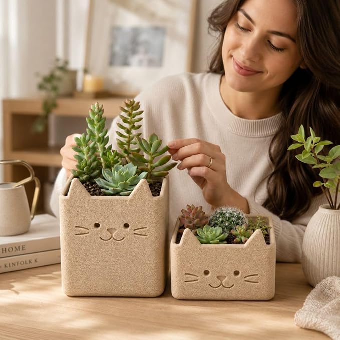 Office Desk Accessories, Set of 2 Pencil Cups, Cute Cat Pen Holder, Cute Desk Decor, Bathroom Organizer, Toothbrush Holders with Drainage, Makeup Brush Organizer, Cat Lover Gifts (Matte Latte Brown)