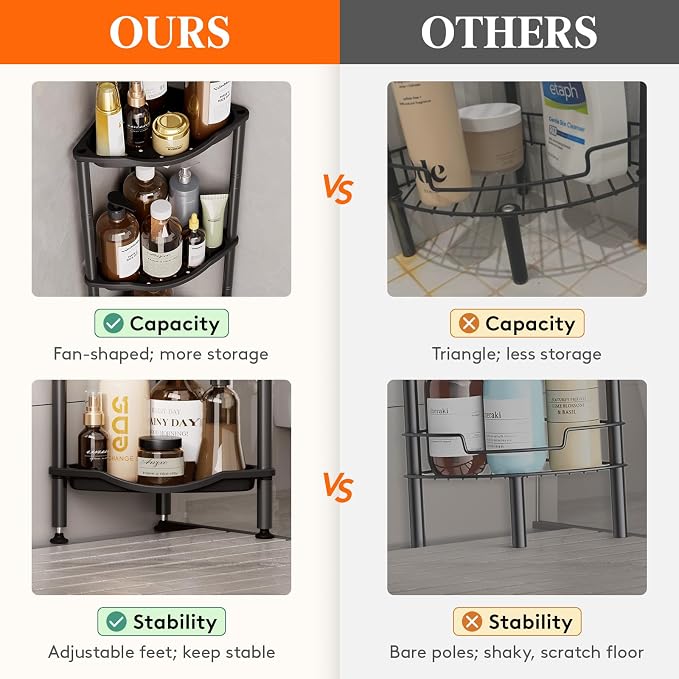 Lifewit Floor Standing Shower Caddy Corner, 3 Tier Plastic Shower Stand Rack with Adjustable Feet and Hooks, Rustproof Bathroom Shelf Organizer, Black, 34 x 24 x 75 cm/13 x 9.5 x 29.5 inch