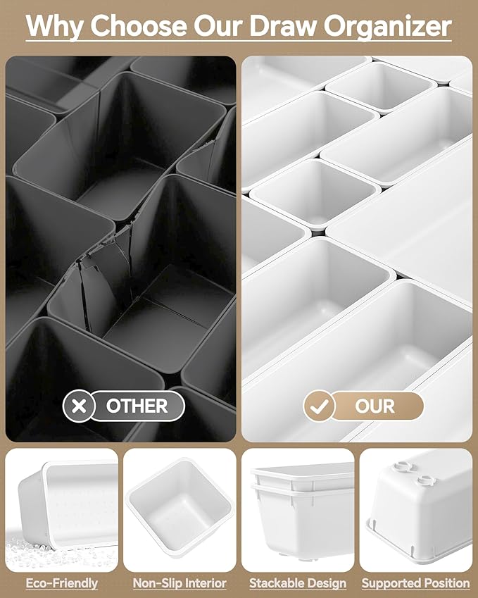 KEMETHY 25 PCS Plastic Drawer Organizers Set, 4 Sizes Vanity Organizer, Makeup and Desk Drawer Organizer Trays, Organization and Storage for Makeup, Bathroom, Kitchen Utensils and Office (White)