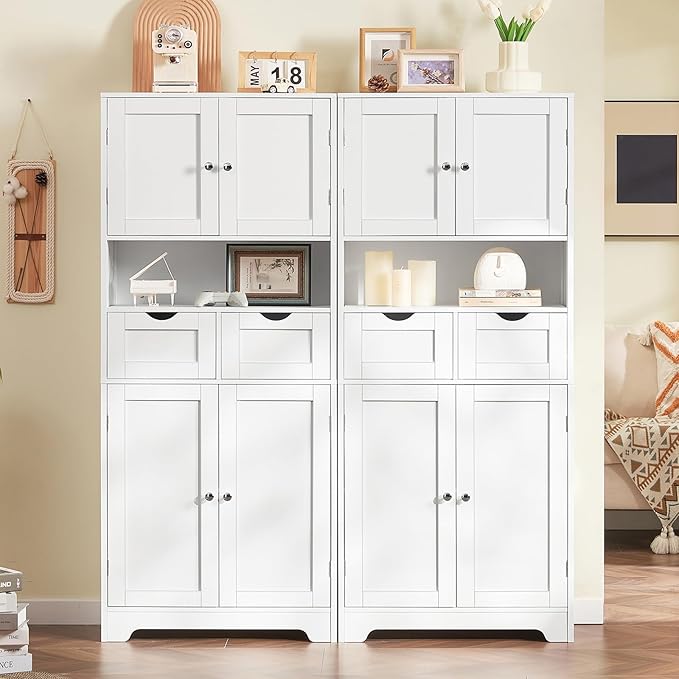 Iwell Tall Storage Cabinet with Adjustable Shelf & 2 Drawers, Kitchen Pantry Cabinet, Pantry Cabinets with 4 Doors, Tall Cabinets for Living Room, Kitchen, Bathroom, White