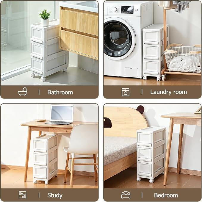 Narrow Plastic Storage Drawers: 3 Drawer Storage Organizer with Wheels, Narrow Storage Cabinet, Rolling Storage Cart for Narrow Space, 7.87-inch Wide (All-White)