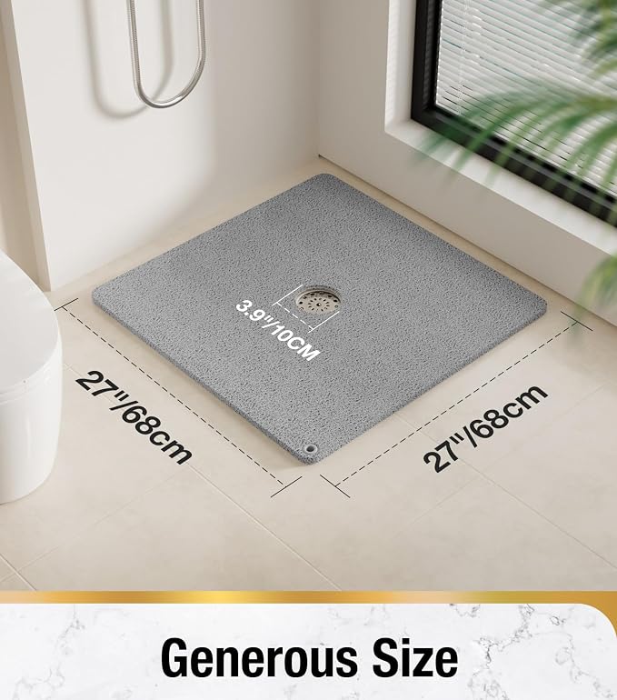 HITSLAM Shower Mat, 27x27 Inch Square Non Slip Bathtub Mat, Soft PVC Loofah Bath Mat for Tub with Hanging Holes, Quick Drying Shower Floor Mat, Without Suction Cups, Grey