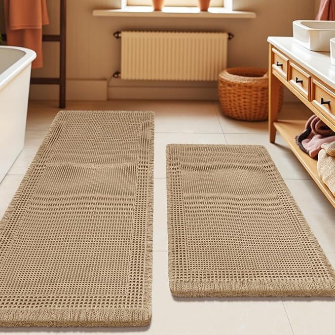 Upgrade Waffle Bath Mat Set 2 Piece, Boho Bathroom Rugs Absorbent Non Slip, Ultra Soft Bathroom Mat, Machine Washable Knit Bath Rugs with Border for Bathroom, Bedroom, Kitchen, Shower, Tub, Beige
