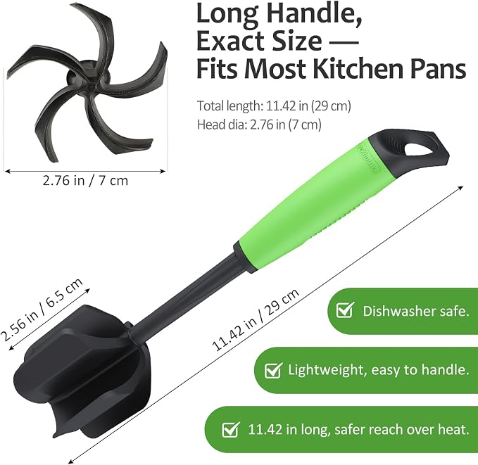 Ourokhome Meat Chopper and Potato Masher, Heat Resistant Nylon Ground Beef Smasher for Hamburger, 5 Curved Blades Nonstick Safe Mixer & Stirrer, Practical Kitchen Gadgets, Green